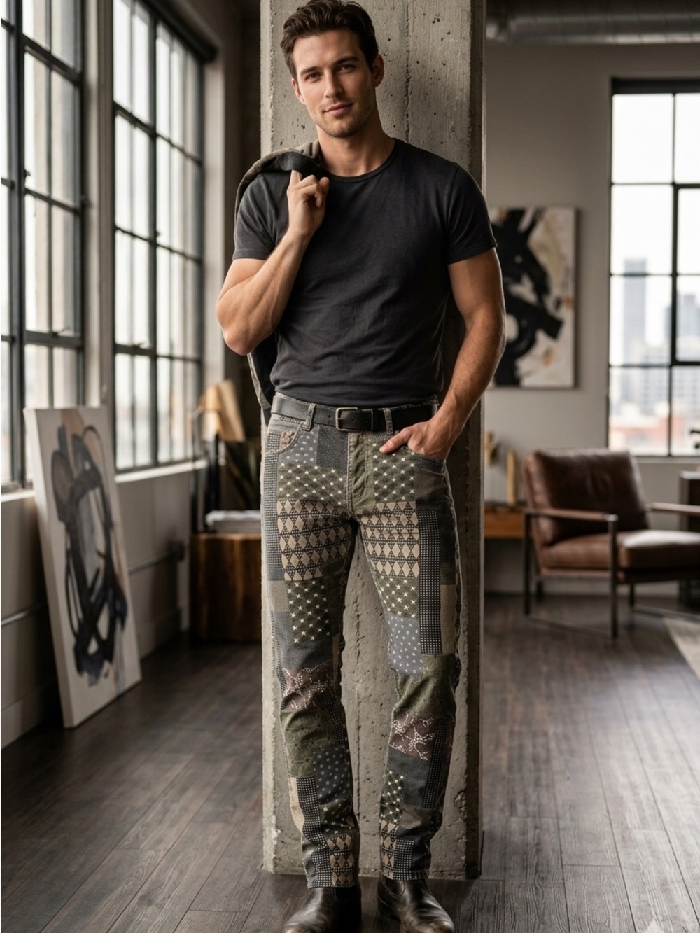 Patchwork Olive & Black Men's Trousers
